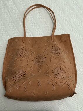 Anthropologie Tan Laser-Cut Faux Leather Tote